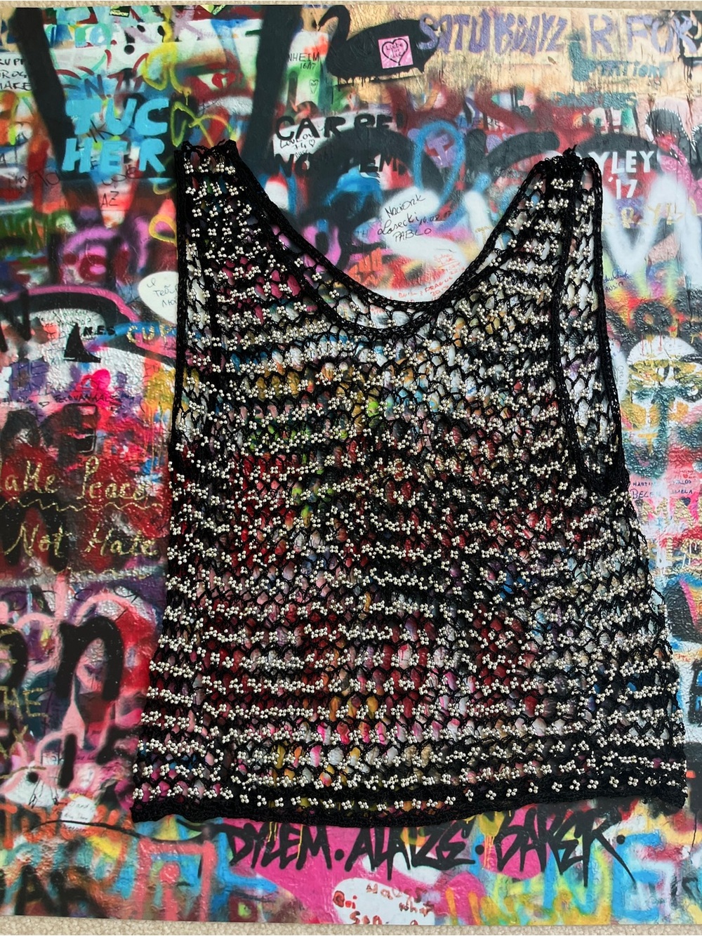Y2K Black Beaded Crochet Tank Top. Silver beads— Women's Crochet Knit Top
